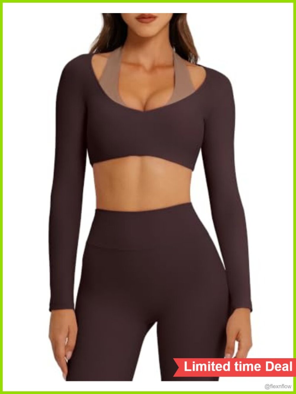 OMKAGI Layered Workout Set Long Sleeve Crop Top Gym Yoga Activewear